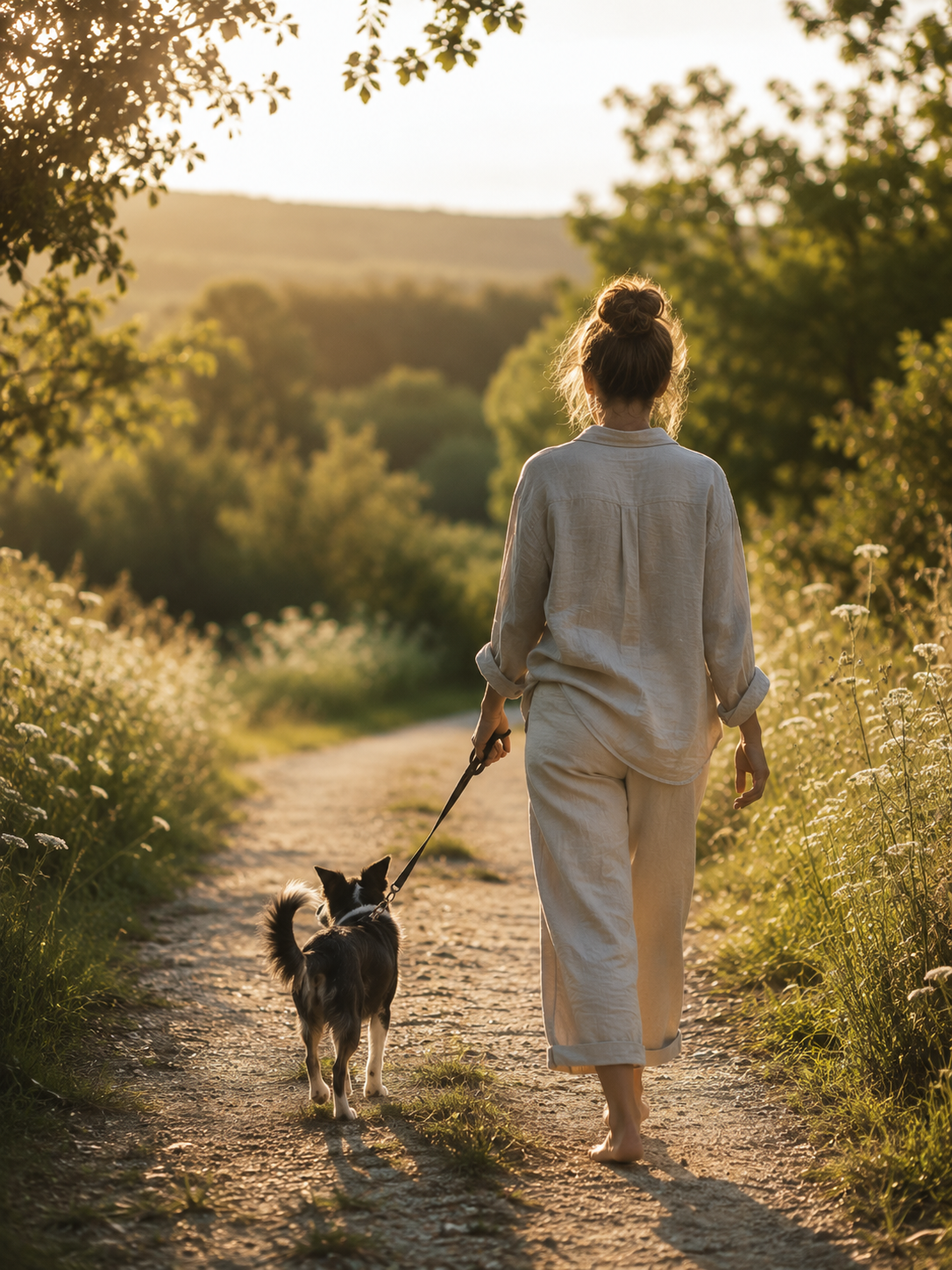 Frau mit Hund genießt ihren eigenen Raum und ihre Zeit